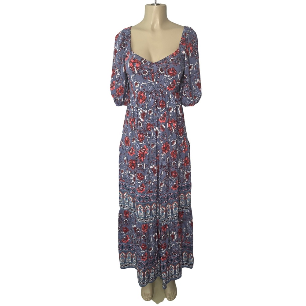 Knox Rose Dress Women XL Blue Floral Boho Puff Sleeve Smocked Back Maxi Tiered
